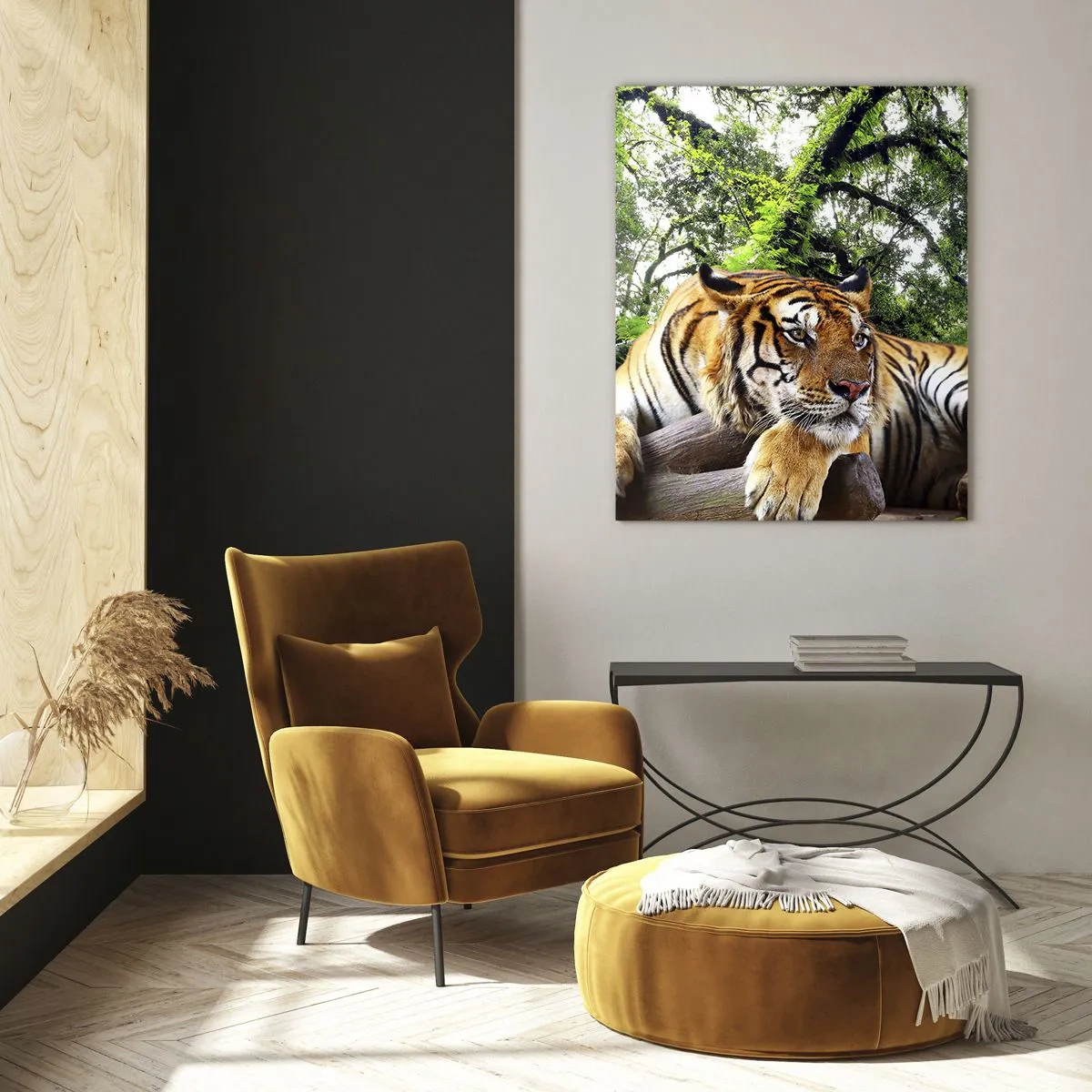 Impression sur verre - Image sur verre - Un tigre se reposant dans une forêt tropicale verte - 50x70cm - Cordialement - Décoration murale moderne pour le salon et la chambre ARTTOR