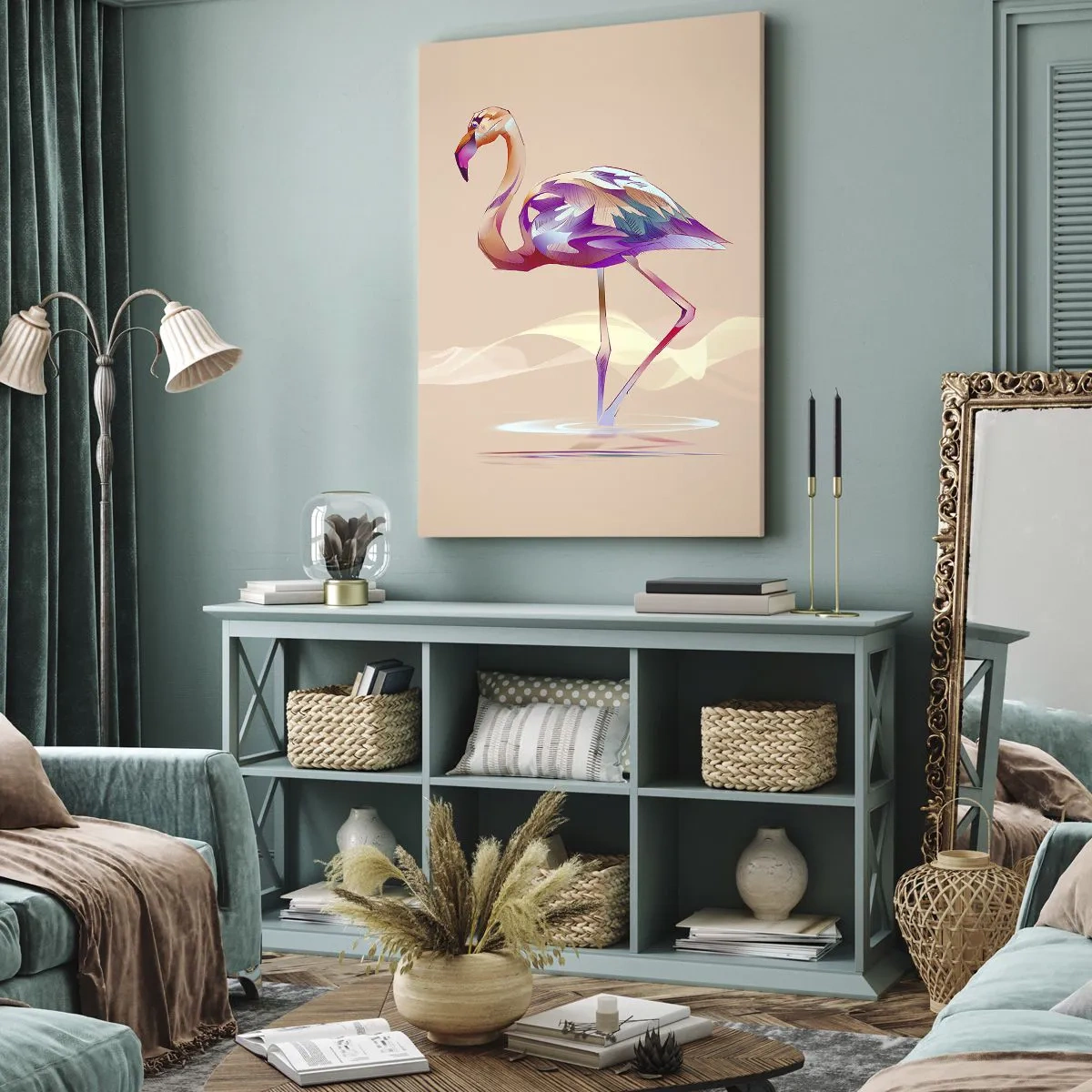 Impression sur toile - Image sur toile - Un flamant rose abstrait aux couleurs claires et pastel. - 50x70cm - L'oiseau des bonnes émotions - Décoration murale moderne pour le salon et la chambre ARTTOR