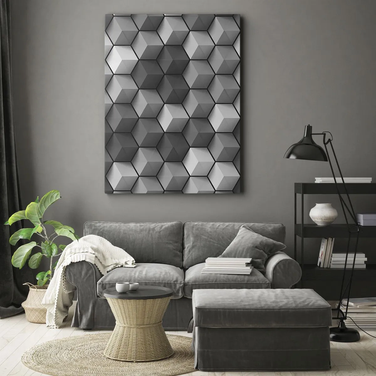 Impression sur toile - Image sur toile - Composition géométrique de cubes dans les tons de gris et de noir - 50x70cm - Puzzle cubiste - Décoration murale moderne pour le salon et la chambre ARTTOR