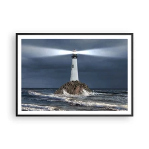 Affiche dans un cadre noir - Poster - Un phare sur un rocher entouré d'une mer agitée - 100x70cm - I… i… ici ! - Décoration murale moderne pour le salon et la chambre ARTTOR