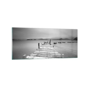 Impression sur verre - Image sur verre - Une vue en noir et blanc d'une jetée en bois et d'un lac calme. - 120x50cm - Derrière les montagnes, au-delà des mers - Décoration murale moderne pour le salon et la chambre ARTTOR