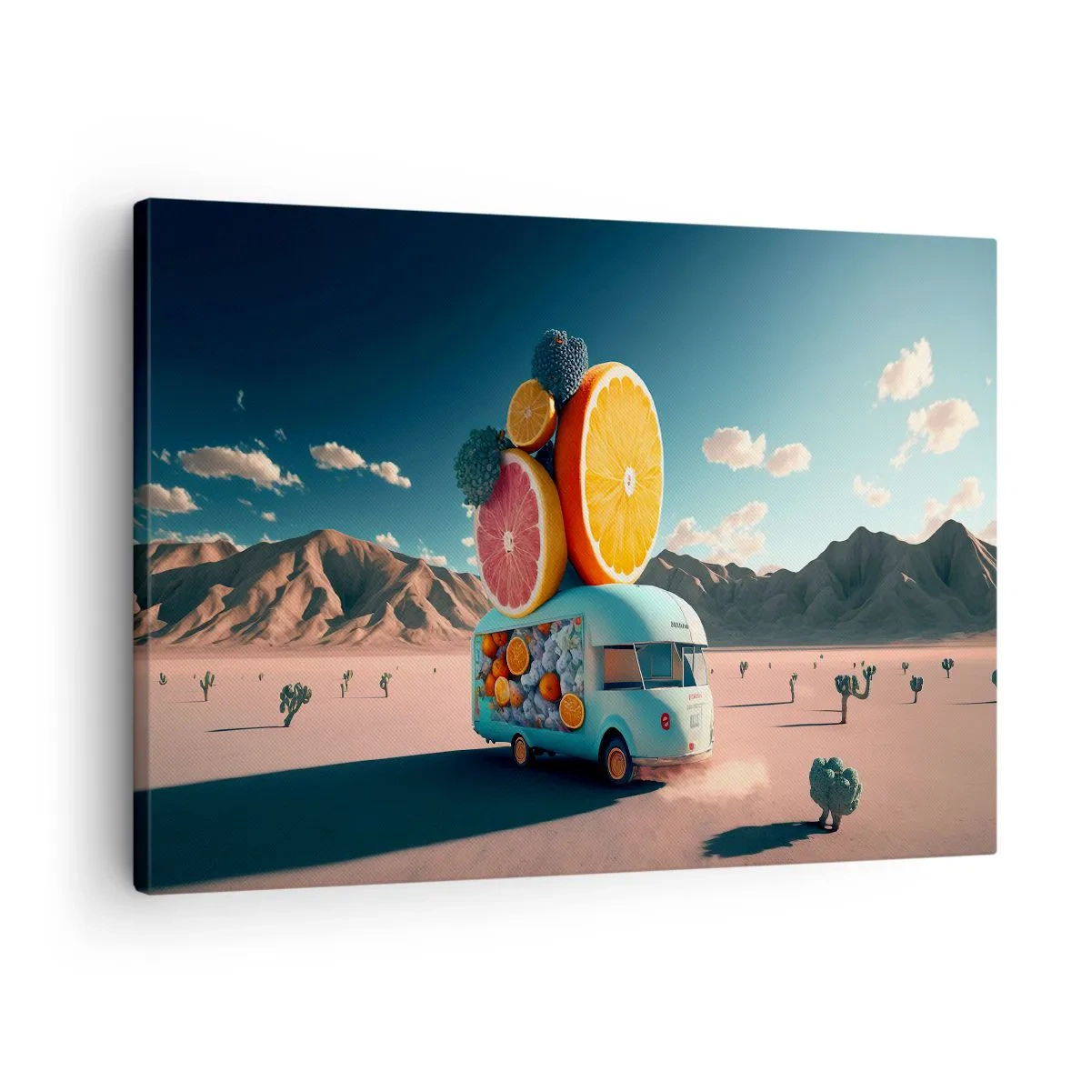 Impression sur toile - Image sur toile - Camion de fruits dans un paysage désertique - 70x50cm - Le goût des vacances - Décoration murale moderne pour le salon et la chambre ARTTOR