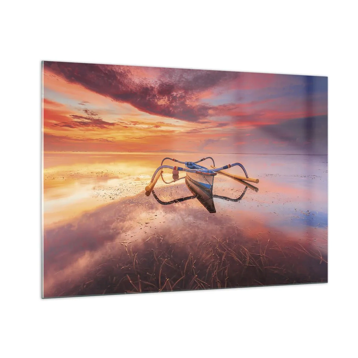 Impression sur verre - Image sur verre - Bateau traditionnel sur une eau calme au coucher du soleil - 100x70cm - Le calme d'une soirée tropicale - Décoration murale moderne pour le salon et la chambre ARTTOR