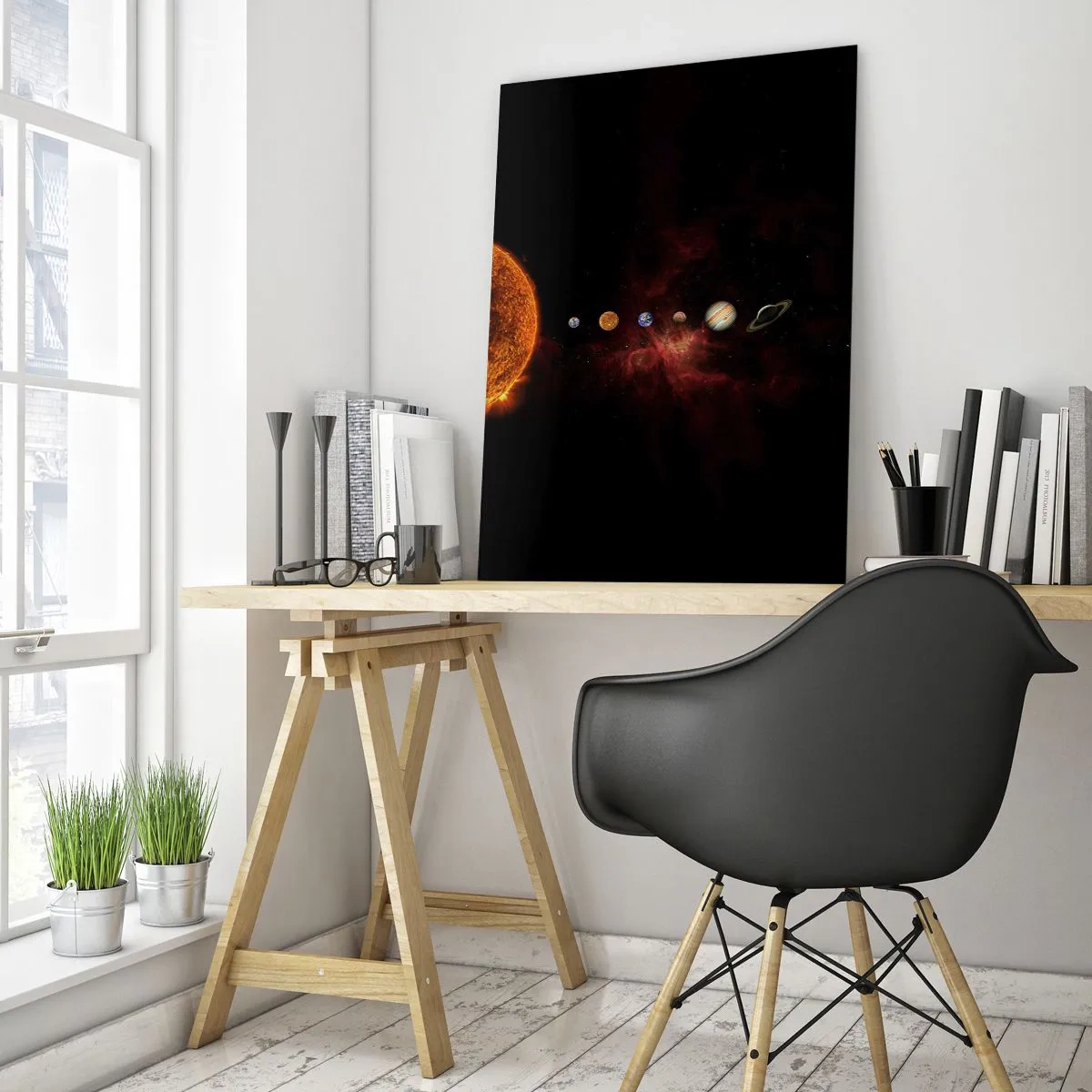 Impression sur verre - Image sur verre - Système planétaire avec le Soleil sur fond noir - 50x70cm - Notre quartier - Décoration murale moderne pour le salon et la chambre ARTTOR