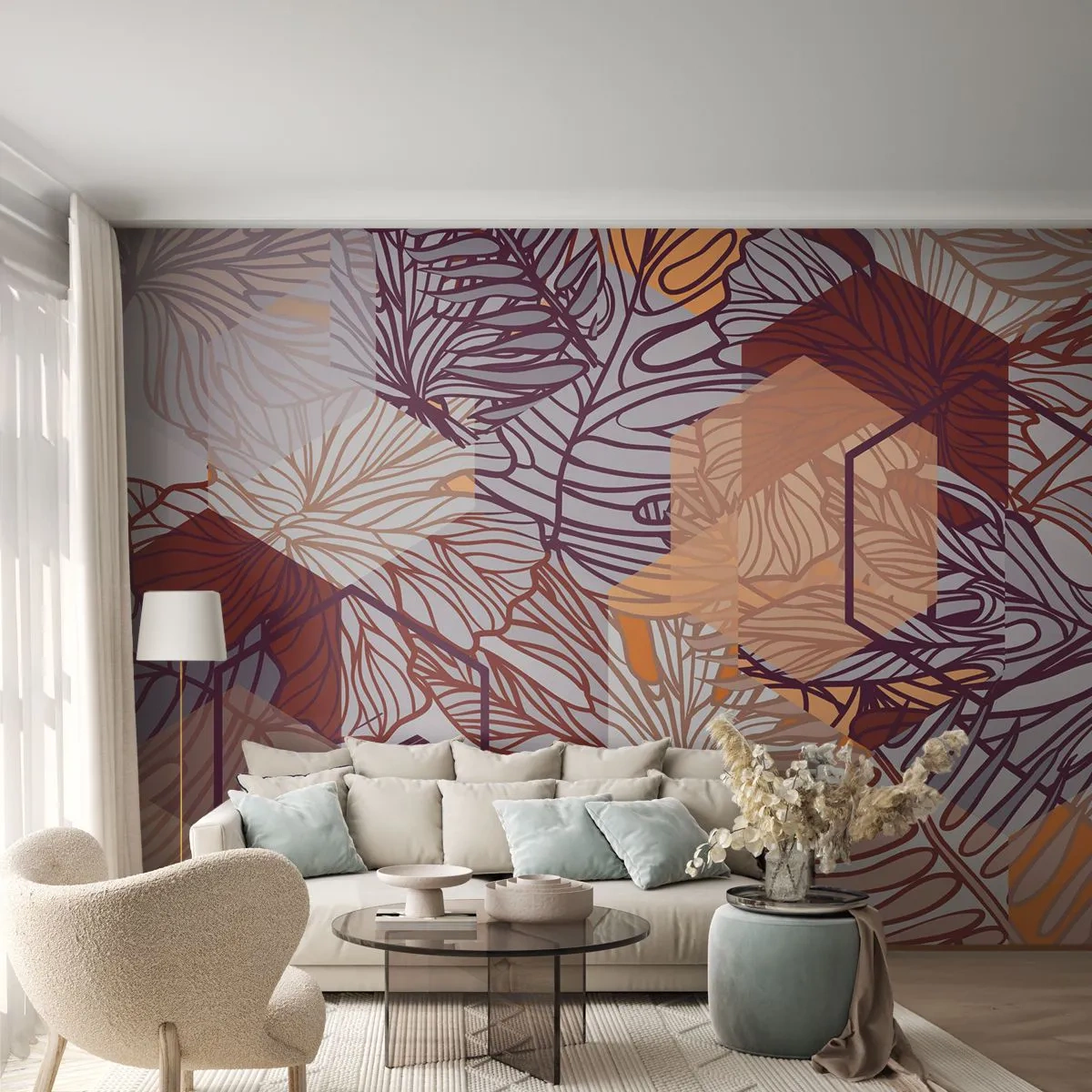 Papier Peint Photo Standard Eco - Relation impossible entre la géométrie et la nature - Abstraction, Graphique, Feuilles - 450x315 cm