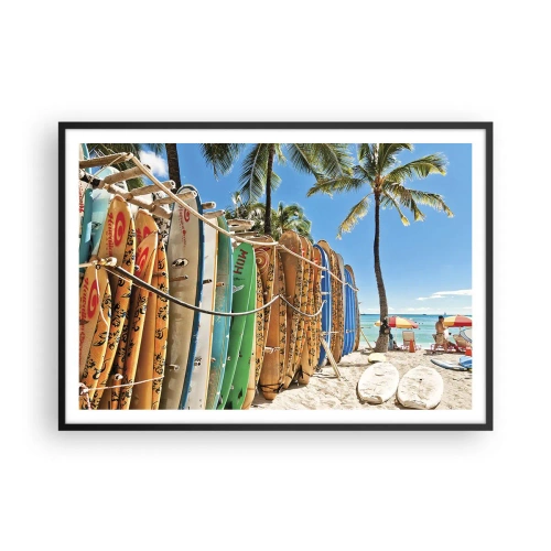 Affiche dans un cadre noir - Poster - Planches de surf sur une plage avec des palmiers - 100x70cm - Jeux ensoleillés - Décoration murale moderne pour le salon et la chambre ARTTOR