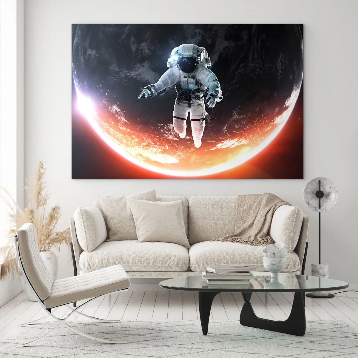 Impression sur verre - Image sur verre - Astronaute dans l'espace avec une planète en arrière-plan - 100x70cm - Puis-je rester un peu plus longtemps ? - Décoration murale moderne pour le salon et la chambre ARTTOR