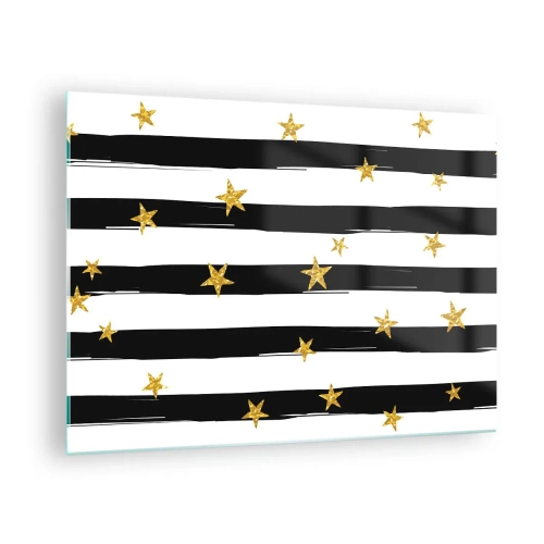Impression sur verre - Image sur verre - Rayures noires et blanches avec étoiles dorées - 70x50cm - Nous sommes tous nés sous une bonne étoile - Décoration murale moderne pour le salon et la chambre ARTTOR