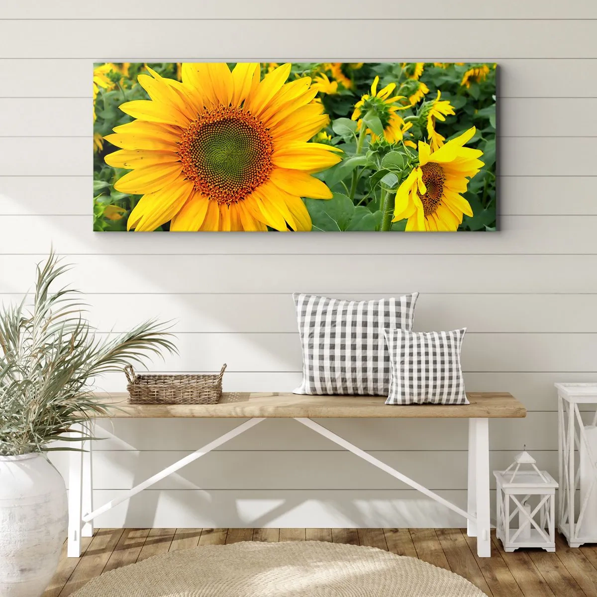 Impression sur toile - Image sur toile - Un champ de tournesols aux fleurs jaunes sur fond de feuilles vertes - 140x50cm - Des centaines de soleils se sont embrasés - Décoration murale moderne pour le salon et la chambre ARTTOR