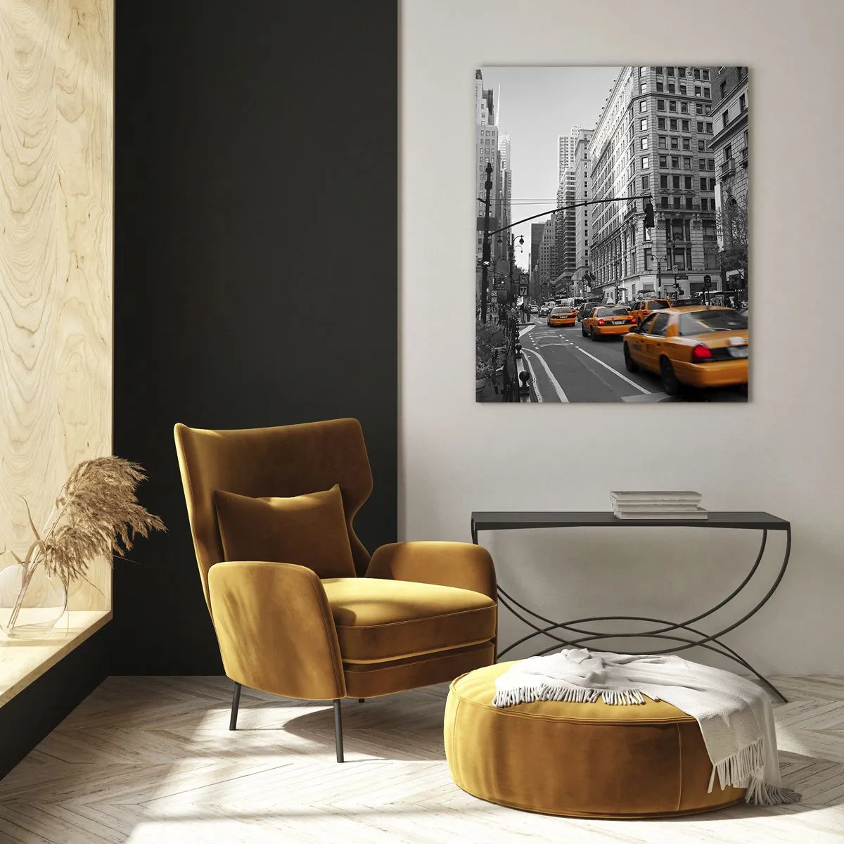Impression sur verre - Image sur verre - Taxis jaunes dans les rues de la ville dans un décor noir et blanc - 50x70cm - Soleil des grandes villes - Décoration murale moderne pour le salon et la chambre ARTTOR