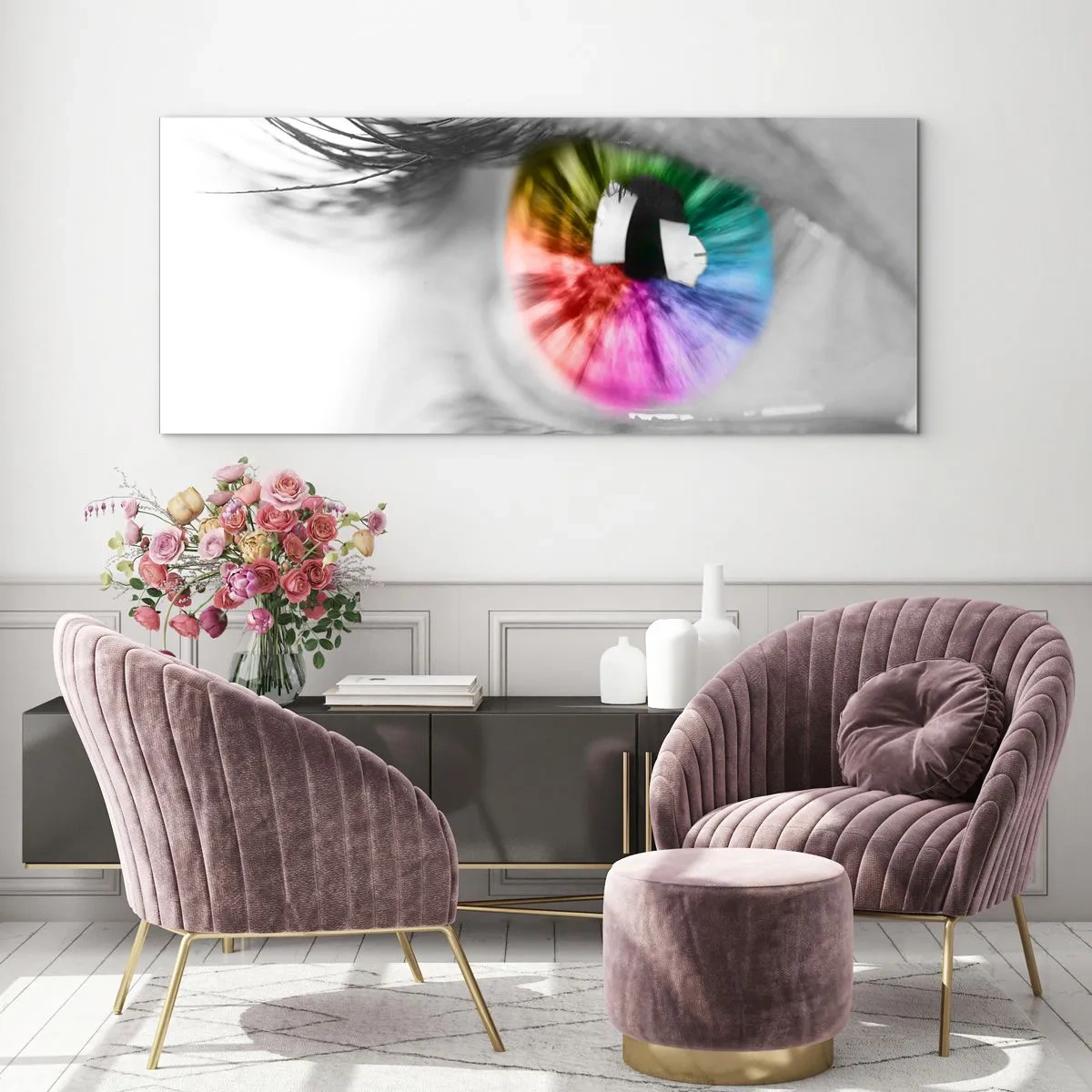 Impression sur verre - Image sur verre - Prise de vue artistique d'un œil avec un iris arc-en-ciel sur fond gris - 120x50cm - Regarde le monde en couleur - Décoration murale moderne pour le salon et la chambre ARTTOR