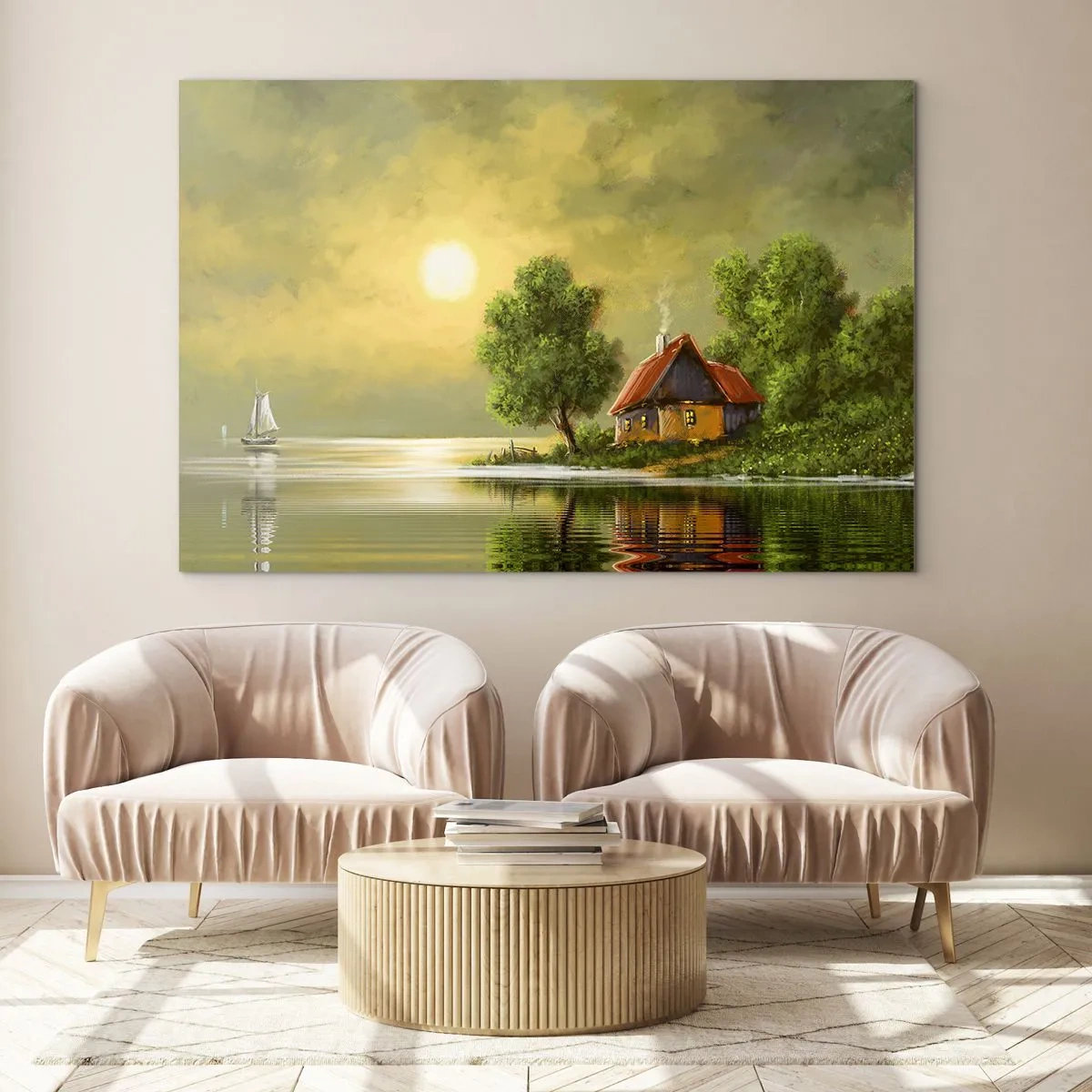 Impression sur verre - Image sur verre - Un paysage pittoresque avec un chalet au bord du lac au coucher du soleil - 70x50cm - Beau, comme une image - Décoration murale moderne pour le salon et la chambre ARTTOR