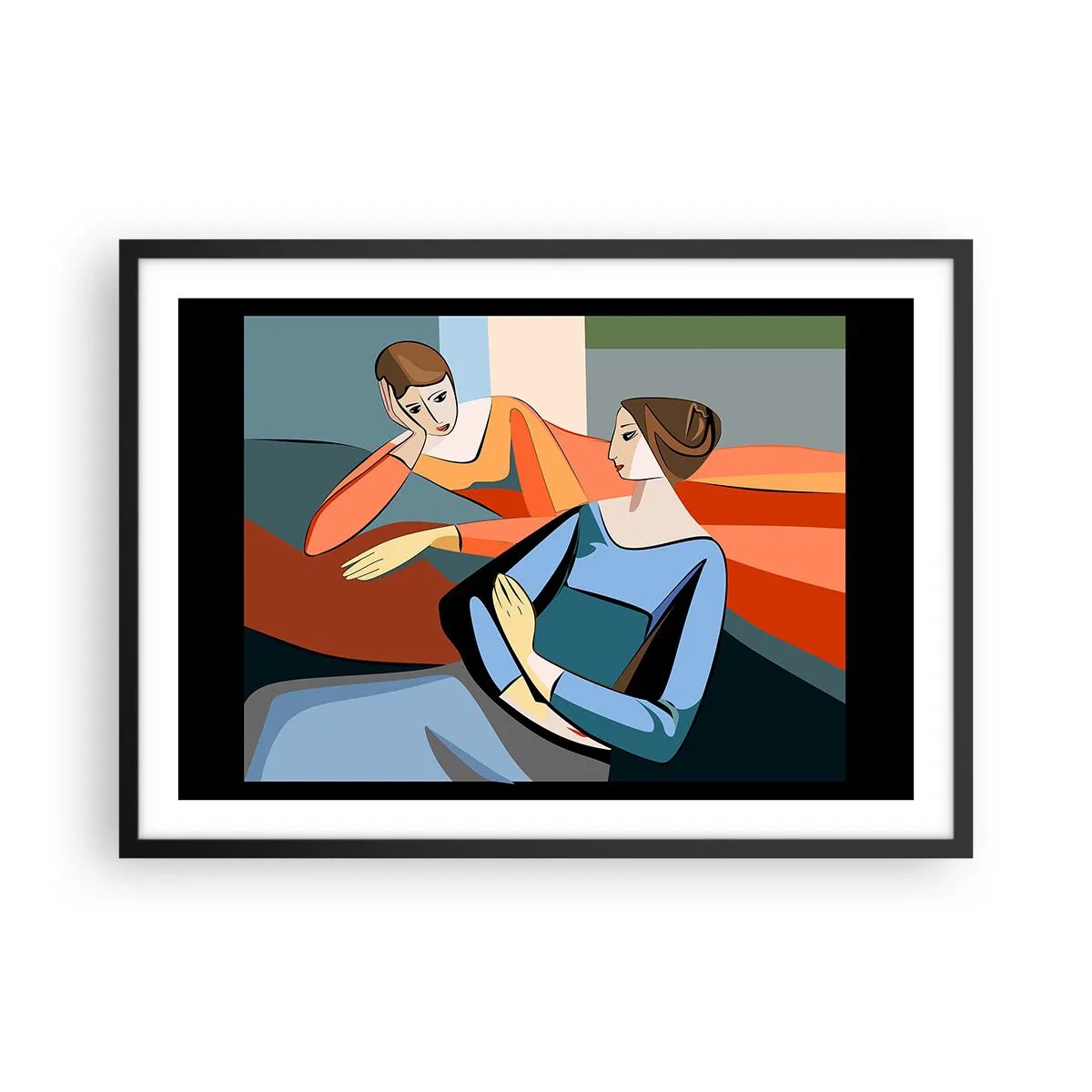 Affiche dans un cadre noir - Poster - Illustration abstraite de deux femmes dans le style cubiste - 70x50cm - Un moment de confiance - Décoration murale moderne pour le salon et la chambre ARTTOR