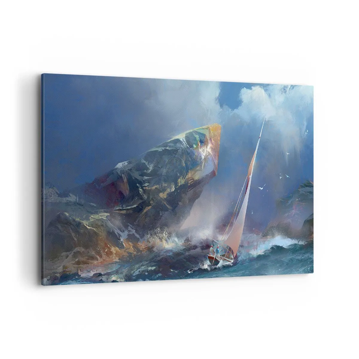 Impression sur toile - Image sur toile - Un voilier dans une tempête au pied d'un rocher massif - 100x70cm - Celui qui est courageux, gagne - Décoration murale moderne pour le salon et la chambre ARTTOR