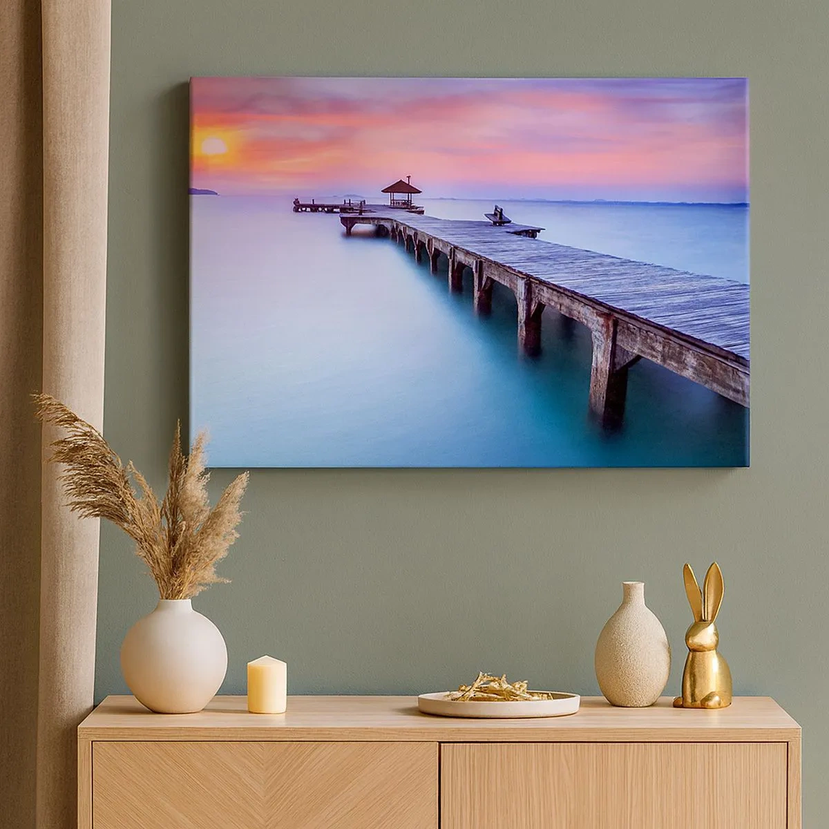 Impression sur toile - Image sur toile - Jetée en bois donnant sur l'eau au coucher du soleil - 70x50cm - Une mer de calme jusqu'à l'horizon - Décoration murale moderne pour le salon et la chambre ARTTOR