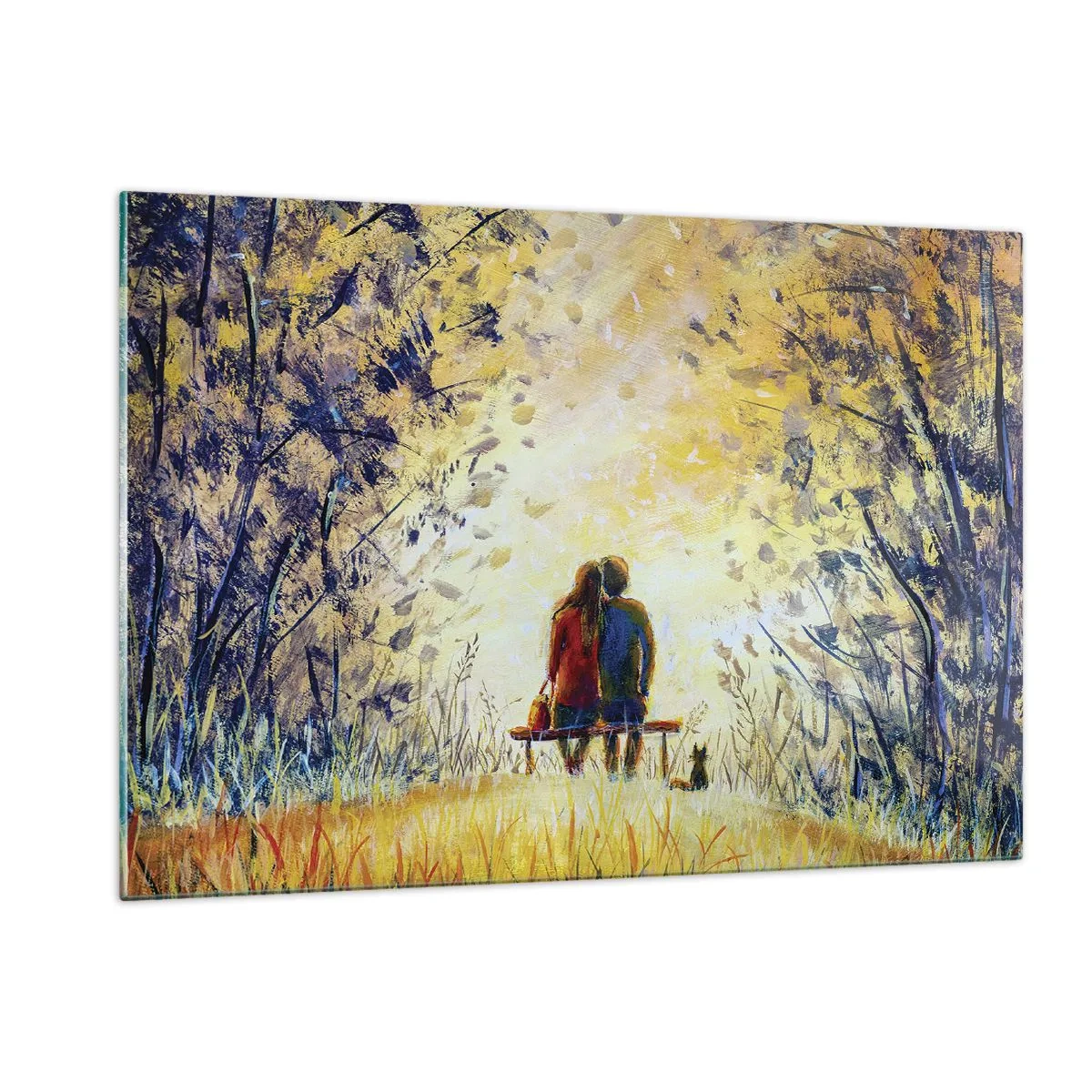 Impression sur verre - Image sur verre - Un couple sur un banc dans un moment magique - 120x80cm - Moment magique - Décoration murale moderne pour le salon et la chambre ARTTOR