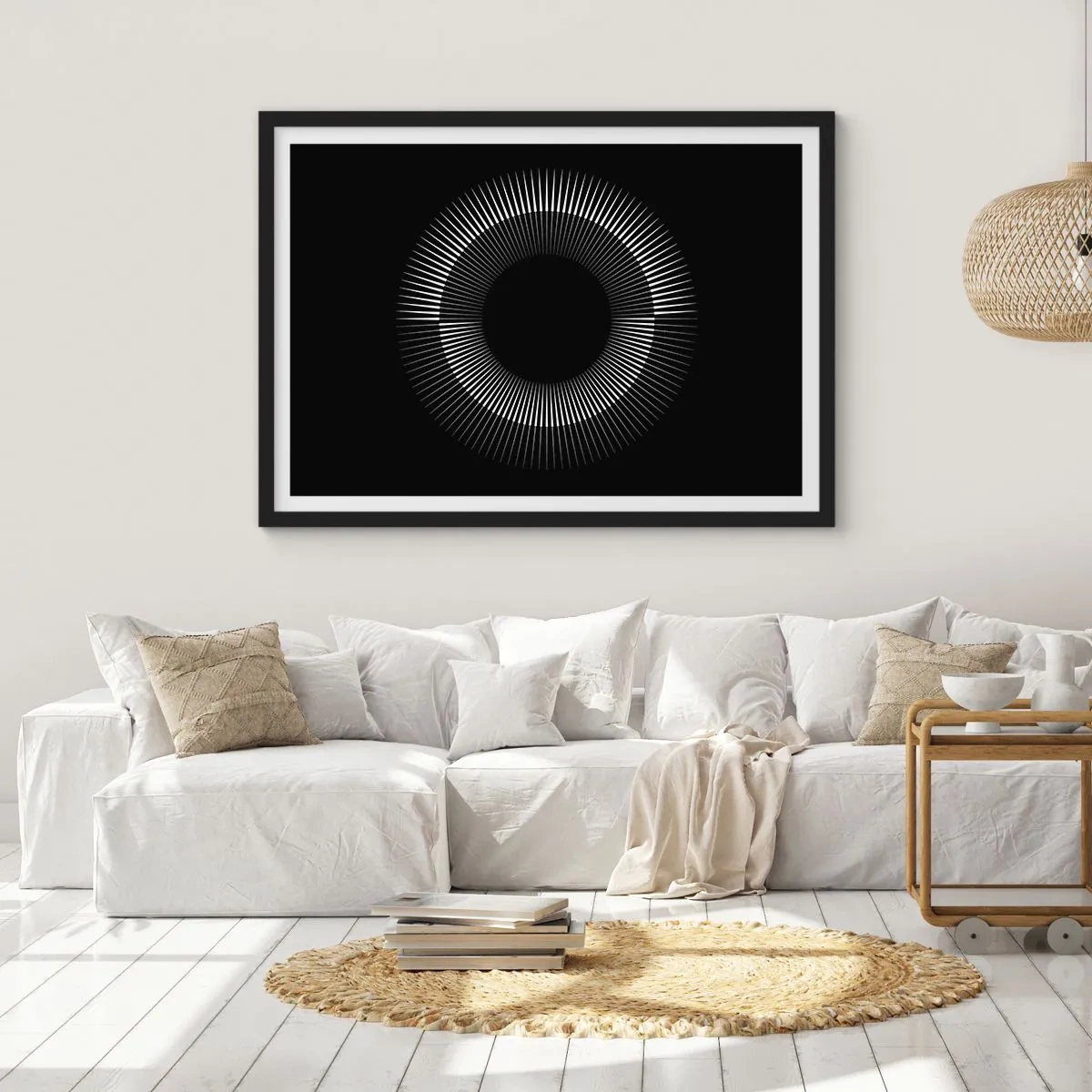 Affiche dans un cadre noir - Poster - Cercle graphique avec des rayons en noir et blanc - 100x70cm - Soleil noir - Décoration murale moderne pour le salon et la chambre ARTTOR