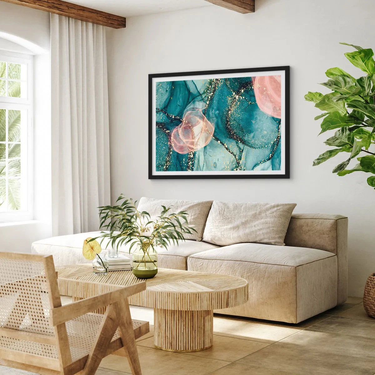 Affiche dans un cadre noir - Poster - Soie bleu, tulle rose - 40x30 cm