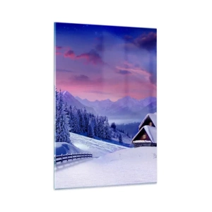 Impression sur verre - Image sur verre - Paysage d'hiver avec chalets de montagne au coucher du soleil - 80x120cm - Douce nuit - Décoration murale moderne pour le salon et la chambre ARTTOR