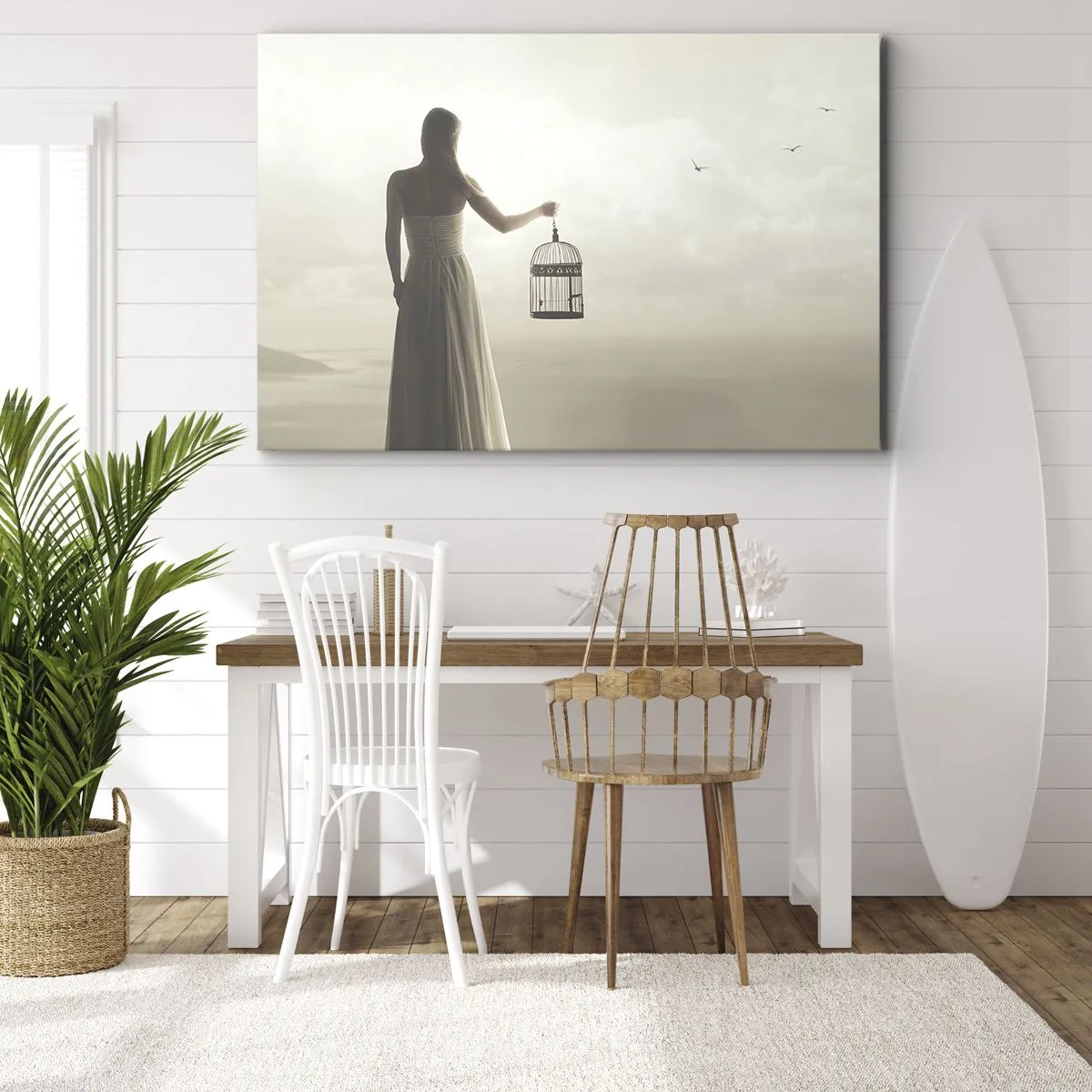 Impression sur toile - Image sur toile - Une femme avec une cage contre un ciel calme - 70x50cm - Soi libre - Décoration murale moderne pour le salon et la chambre ARTTOR