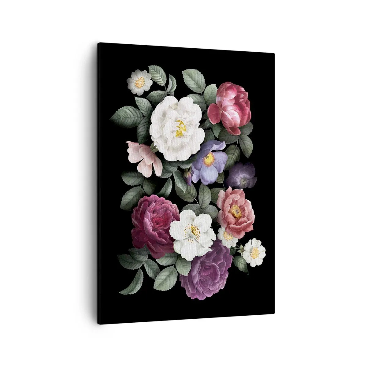Impression sur toile - Image sur toile - Fleurs de différentes couleurs sur fond noir - 50x70cm - D'un jardin anglais - Décoration murale moderne pour le salon et la chambre ARTTOR