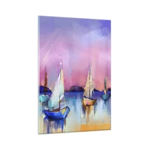 Impression sur verre - Image sur verre - Voiliers sur une mer calme aux couleurs pastel du coucher de soleil - 80x120cm - Direction: les eaux larges - Décoration murale moderne pour le salon et la chambre ARTTOR
