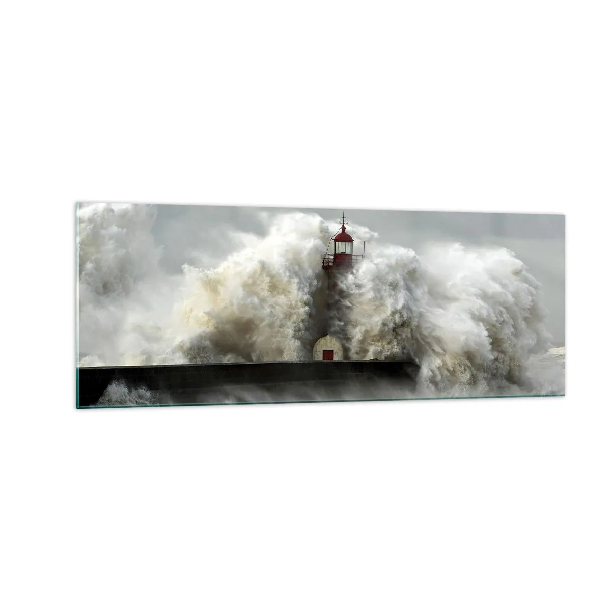 Impression sur verre - Image sur verre - Un phare entouré de vagues violentes pendant une tempête - 140x50cm - La colère de l'océan - Décoration murale moderne pour le salon et la chambre ARTTOR