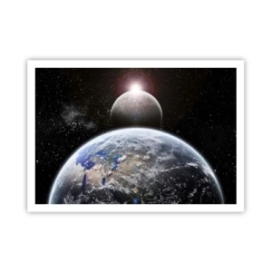 Affiche - Poster - La planète Terre et la Lune sur fond d'espace étoilé. - 100x70cm - Paysage cosmique - lever de soleil - Décoration murale moderne pour le salon et la chambre ARTTOR