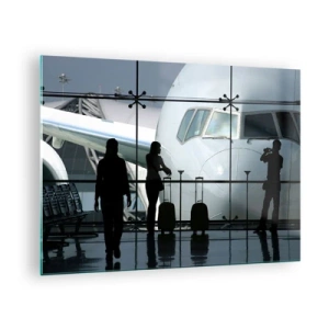 Impression sur verre - Image sur verre - Aéroport avec vue sur l'avion et silhouettes de voyageurs - 70x50cm - Vis-à-vis de l'aéroport - Décoration murale moderne pour le salon et la chambre ARTTOR