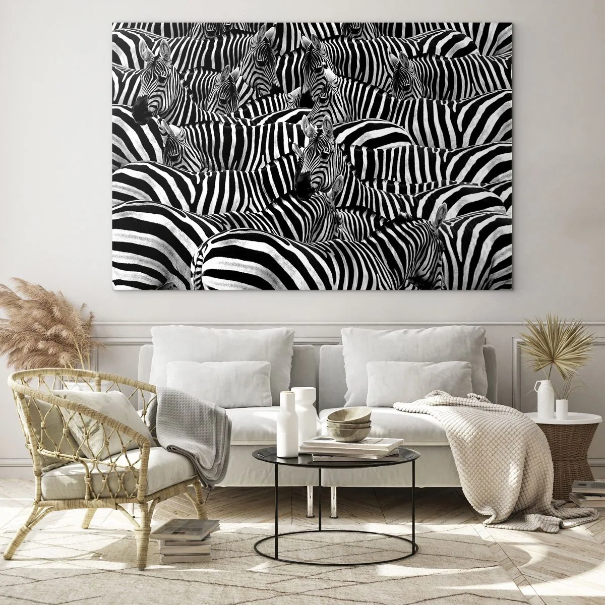 Impression sur verre - Image sur verre - Un troupeau de zèbres en monochrome - 120x80cm - Portrait collectif à rayures - Décoration murale moderne pour le salon et la chambre ARTTOR