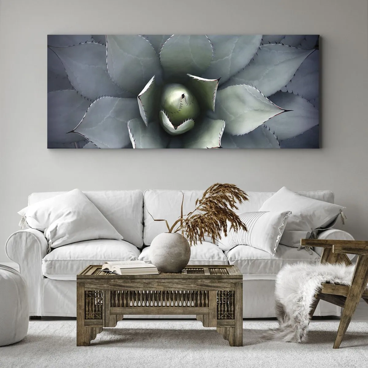Impression sur toile - Image sur toile - Gros plan d'une rosette d'agave aux délicates nuances de vert - 160x50cm - Wabi et observe - Décoration murale moderne pour le salon et la chambre ARTTOR