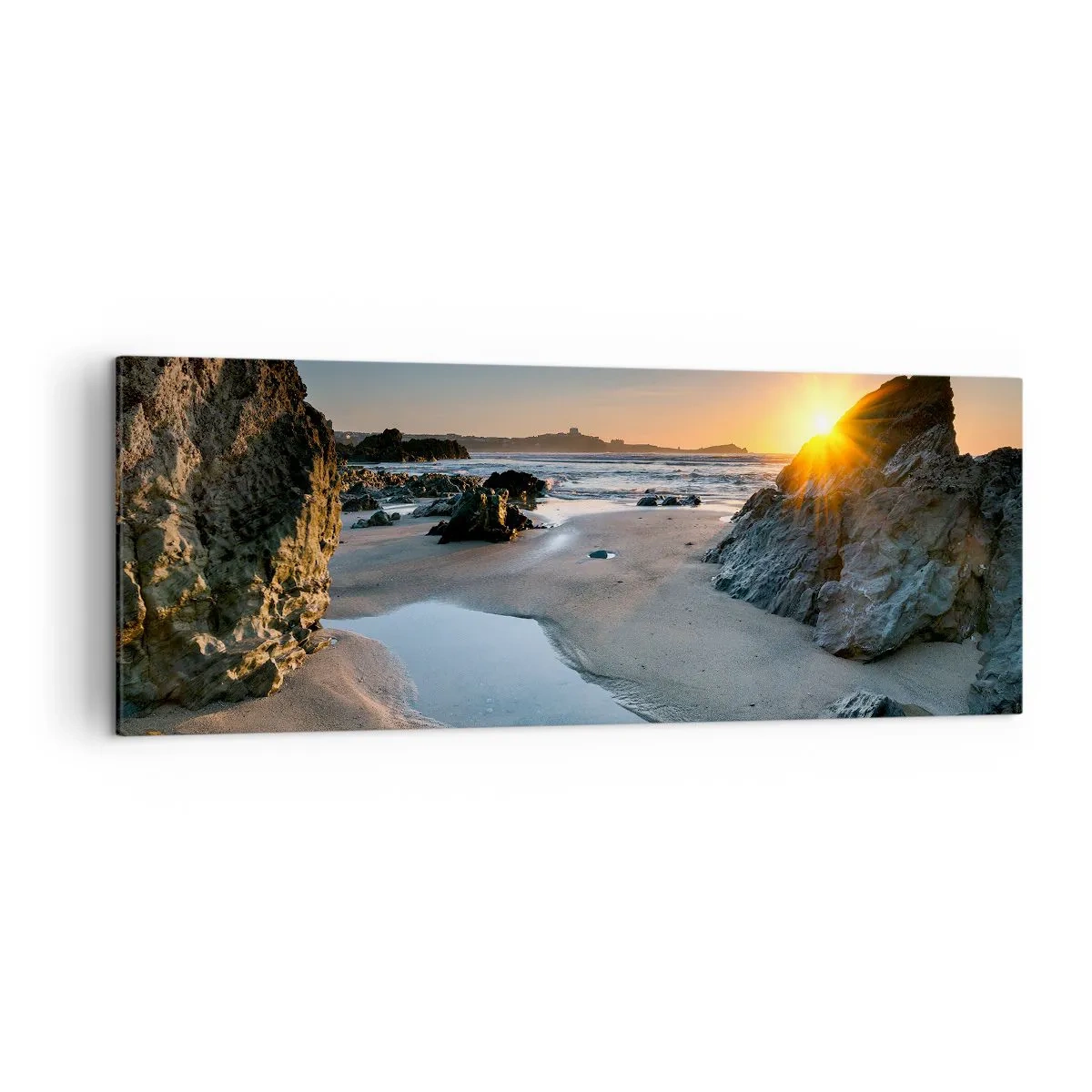 Impression sur toile - Image sur toile - Coucher de soleil pittoresque sur une plage rocheuse - 140x50cm - Intouché par la main de l'homme - Décoration murale moderne pour le salon et la chambre ARTTOR