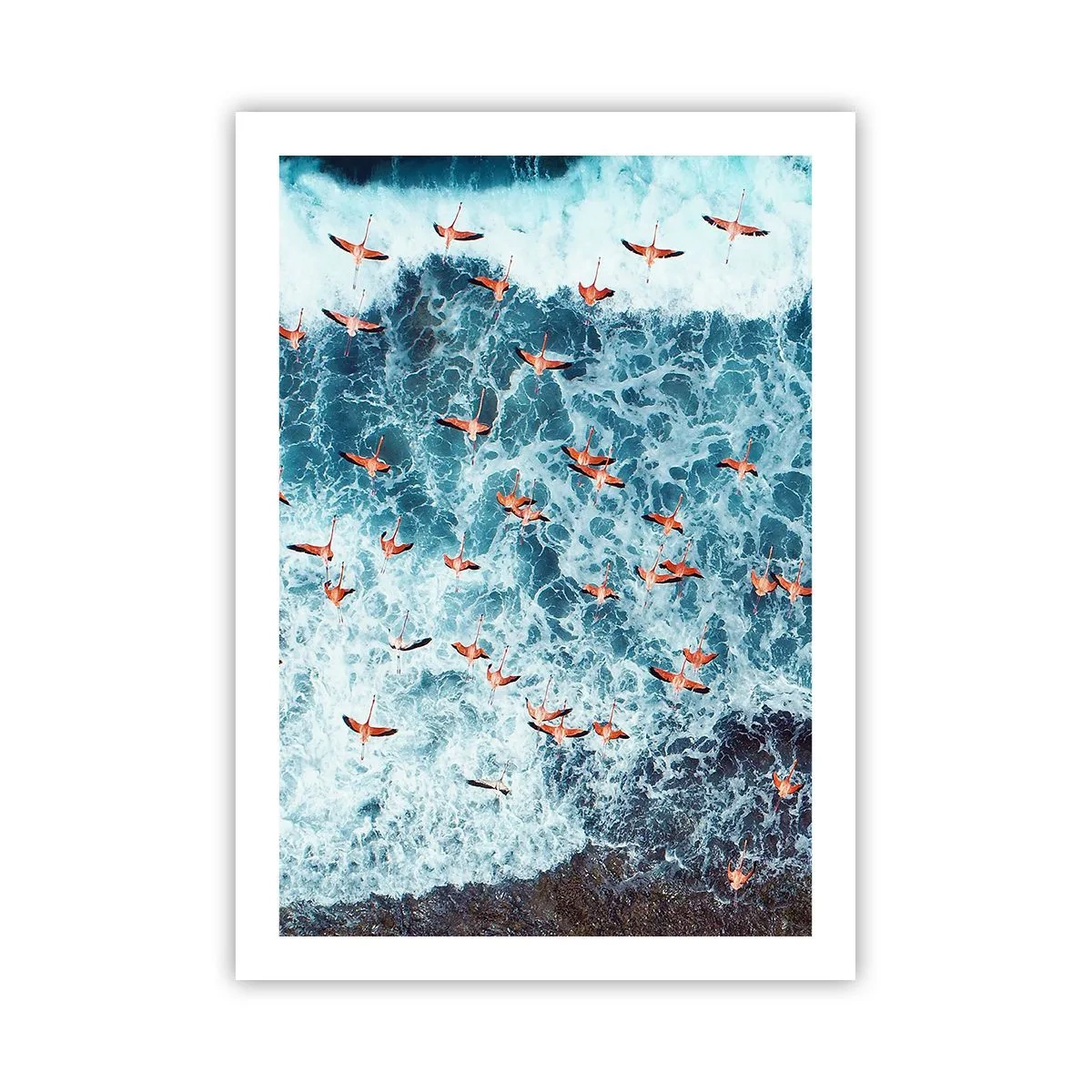Affiche - Poster - Flamants roses au-dessus des vagues de l'océan aux couleurs intenses - 50x70cm - Défilé du bord de mer - Décoration murale moderne pour le salon et la chambre ARTTOR