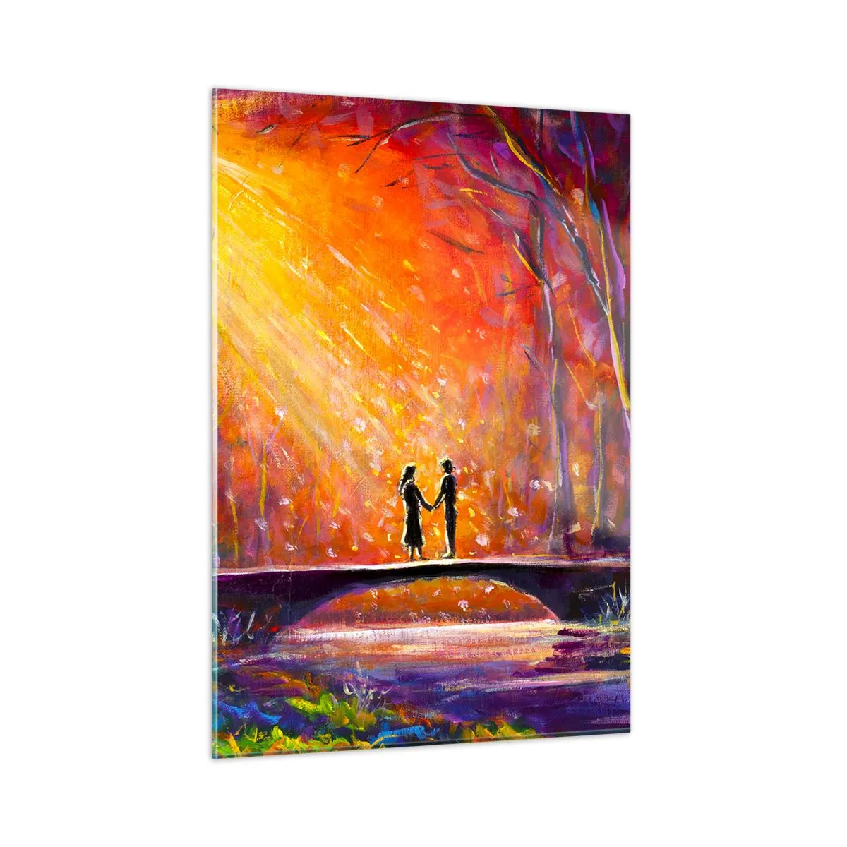 Impression sur verre - Image sur verre - Un couple sur un pont à la lumière du soleil couchant, entouré d'arbres. - 50x70cm - Le ciel les aime aussi - Décoration murale moderne pour le salon et la chambre ARTTOR