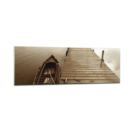 Impression sur verre - Image sur verre - Jetée en bois et bateau sur un lac calme - 160x50cm - Le grand silence - Décoration murale moderne pour le salon et la chambre ARTTOR