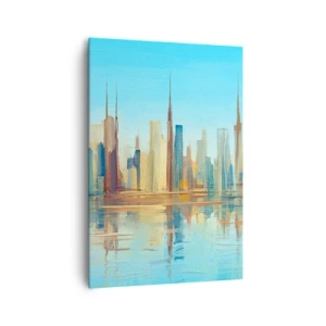 Impression sur toile - Image sur toile - Un panorama de la ville aux couleurs chaudes avec reflet dans l'eau - 70x100cm - Une métropole ensoleillée - Décoration murale moderne pour le salon et la chambre ARTTOR