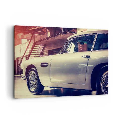 Impression sur toile - Image sur toile - Une voiture classique dans un garage élégant avec un intérieur industriel - 120x80cm - Les classiques ne vieillissent pas - Décoration murale moderne pour le salon et la chambre ARTTOR
