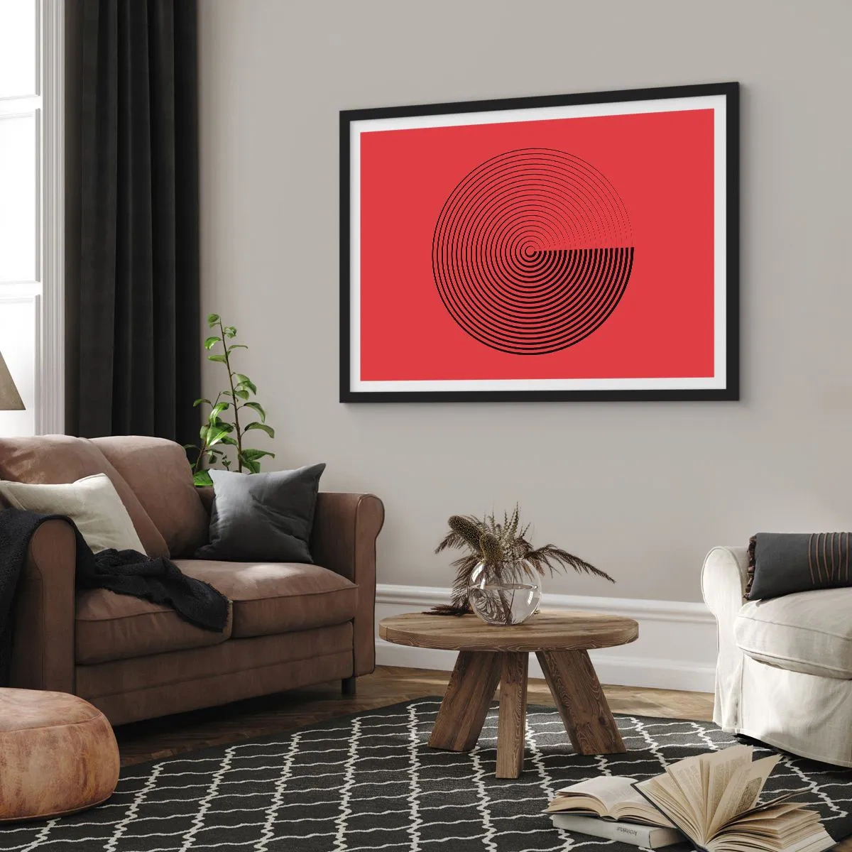 Affiche dans un cadre noir - Poster - Cercles concentriques sur fond rouge - 70x50cm - Mouvement circulaire - Décoration murale moderne pour le salon et la chambre ARTTOR