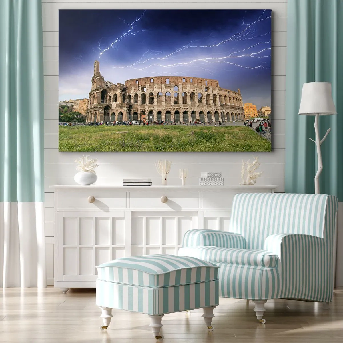 Impression sur toile - Image sur toile - Le Colisée de Rome illuminé par la foudre - 100x70cm - Arène de combat - Décoration murale moderne pour le salon et la chambre ARTTOR