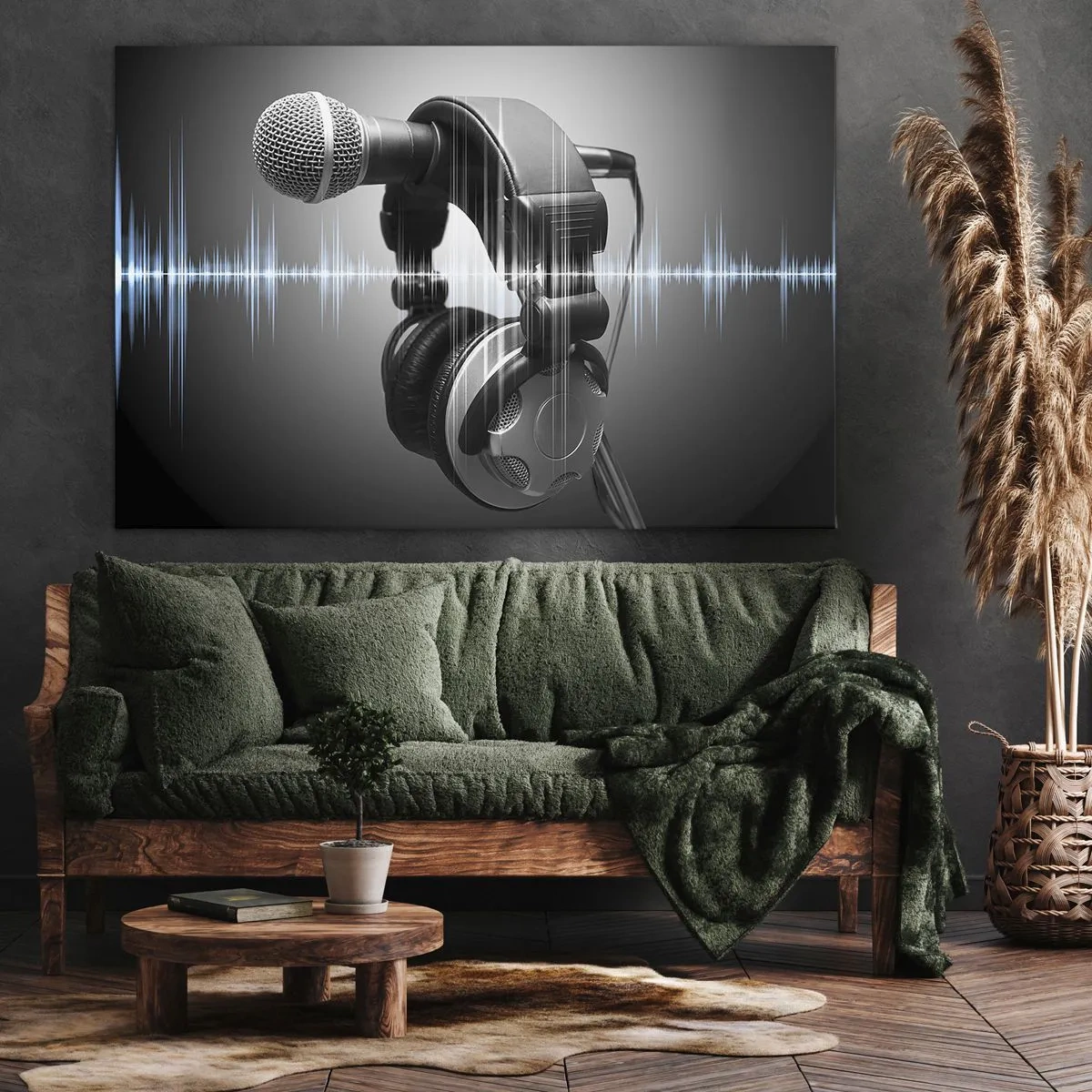 Impression sur toile - Image sur toile - Microphone et casque avec visualisation des ondes sonores en arrière-plan - 100x70cm - Vous pouvez encore entendre son chant - Décoration murale moderne pour le salon et la chambre ARTTOR