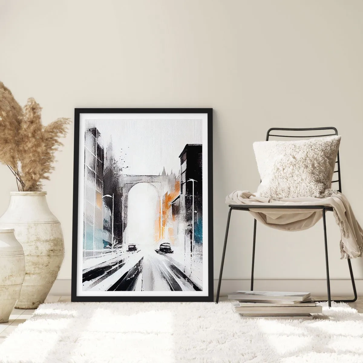 Affiche dans un cadre noir - Poster - Panorama urbain abstrait avec une arche monumentale - 50x70cm - Étude de ville : architecture et mouvement - Décoration murale moderne pour le salon et la chambre ARTTOR