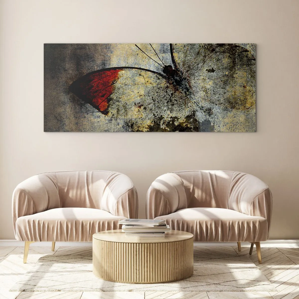Impression sur verre - Image sur verre - Un papillon dans les tons de rouge et de gris sur un fond texturé - 120x50cm - Regarde avant que je disparaisse - Décoration murale moderne pour le salon et la chambre ARTTOR
