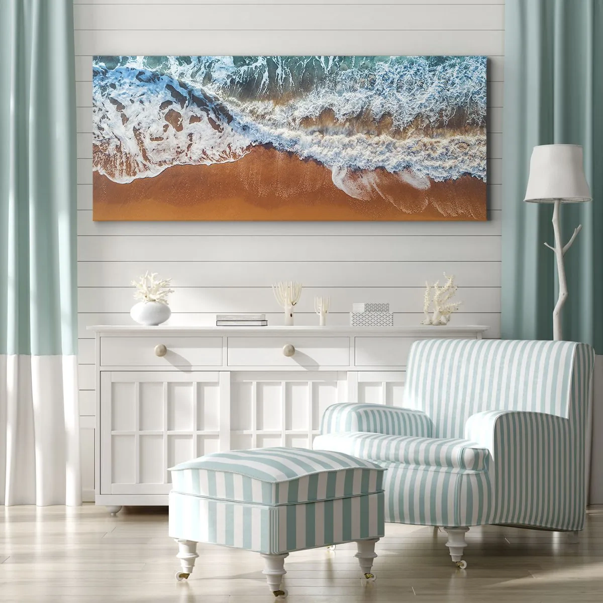 Impression sur toile - Image sur toile - Vue aérienne des vagues de l'océan s'écrasant sur le rivage - 140x50cm - Toujours ensemble - Décoration murale moderne pour le salon et la chambre ARTTOR