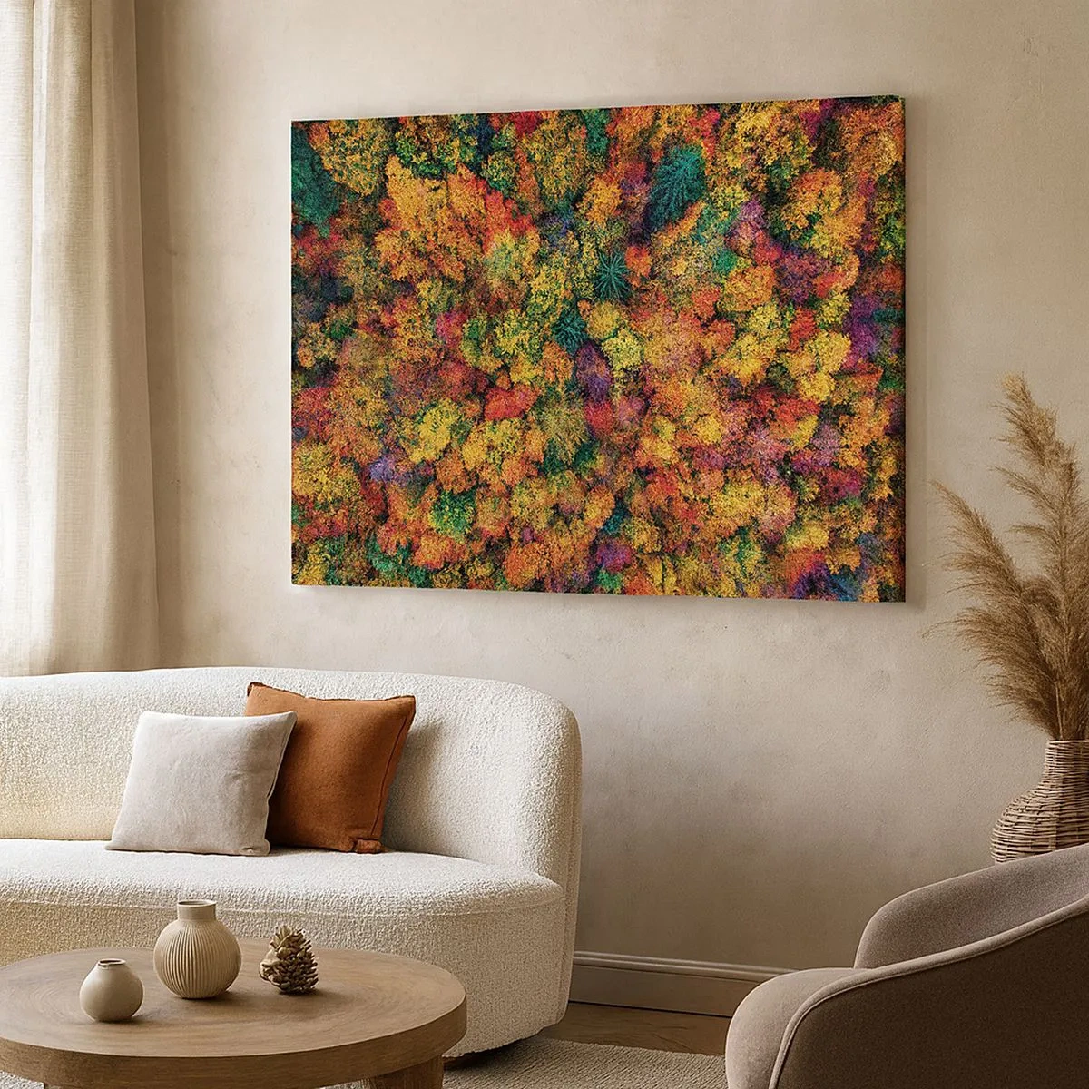 Impression sur toile - Image sur toile - Couronnes d'arbres colorées dans la palette d'automne - 70x50cm - Bouquet d'arbres automnal - Décoration murale moderne pour le salon et la chambre ARTTOR
