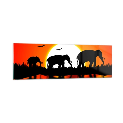 Impression sur verre - Image sur verre - Silhouettes d'éléphants au coucher du soleil sur l'eau avec reflet - 160x50cm - Et le soir pour un petit verre - Décoration murale moderne pour le salon et la chambre ARTTOR