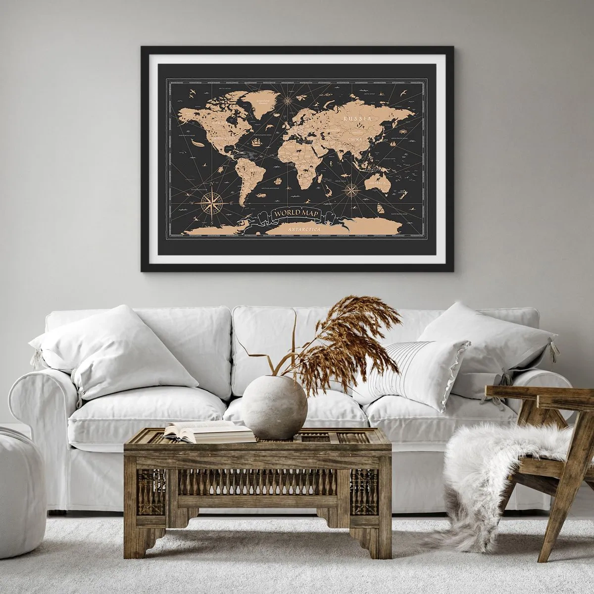 Affiche dans un cadre noir - Poster - Une carte du monde stylisée sur fond noir avec des accents beiges. - 70x50cm - Les limites de mon monde - Décoration murale moderne pour le salon et la chambre ARTTOR
