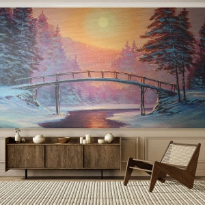 Papier Peint Photo Premium Sand - Paysage d'hiver avec un pont et le soleil couchant - 100x70cm - Quatre saisons - hiver - Décoration murale moderne pour le salon et la chambre ARTTOR