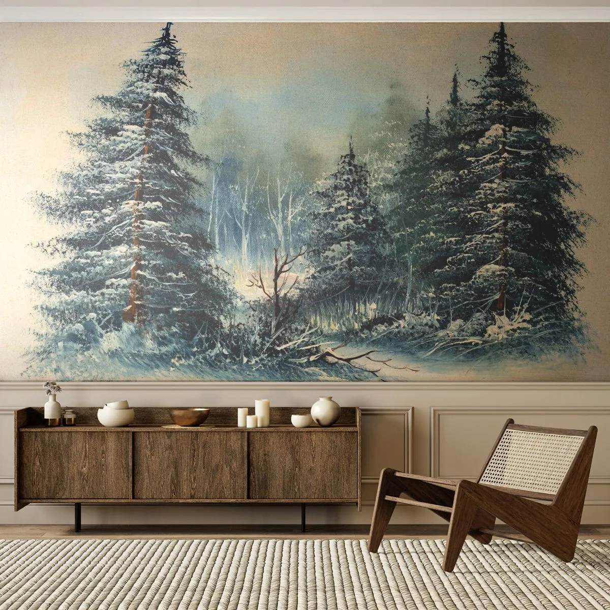 Papier Peint Photo Premium Sand - Un paysage hivernal avec des épicéas enneigés dans un style pictural - 100x70cm - Prêt pour les fêtes - Décoration murale moderne pour le salon et la chambre ARTTOR