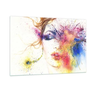 Impression sur verre - Image sur verre - Portrait abstrait d'une femme avec des éclaboussures de peinture arc-en-ciel - 120x80cm - Vertiges arc-en-ciel - Décoration murale moderne pour le salon et la chambre ARTTOR