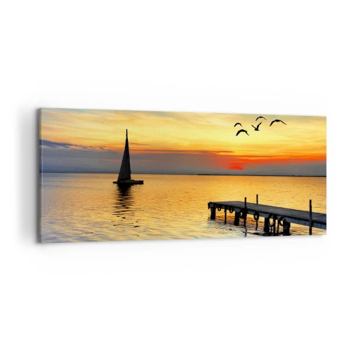 Impression sur toile - Image sur toile - Coucher de soleil avec un voilier et une jetée sur un lac calme - 120x50cm - Le soir revient - Décoration murale moderne pour le salon et la chambre ARTTOR